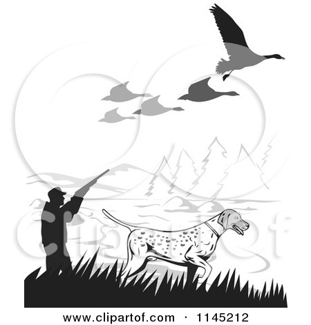 Clipart of a Retro Hunter and Dog Under Geese - Royalty Free Vector Illustration by patrimonio