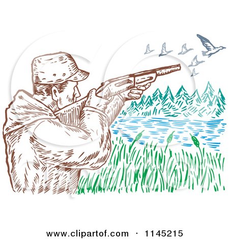 Clipart of an Engraved Hunter Aiming at Ducks over a Lake - Royalty Free Vector Illustration by patrimonio