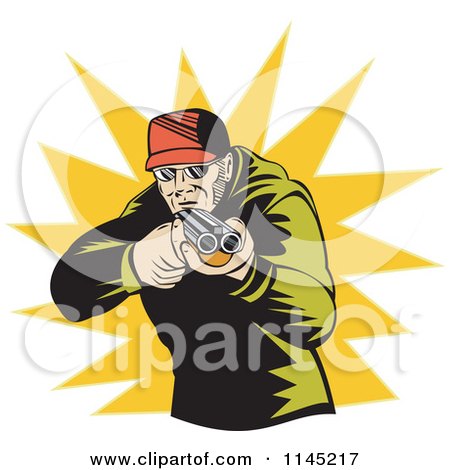 Clipart of a Retro Hunter Holding a Double Barrel Rifle over a Burst - Royalty Free Vector Illustration by patrimonio