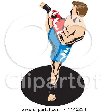 Clipart of a Boxer Fighter Kicking 2 - Royalty Free Vector Illustration by patrimonio