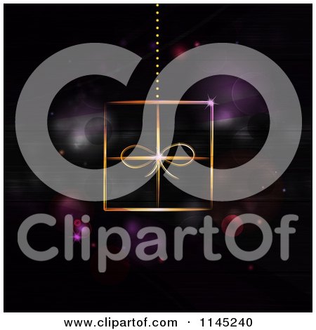 Clipart of a Gold Neon Christmas Gift Suspended over Purple Flares - Royalty Free Vector Illustration by elaineitalia