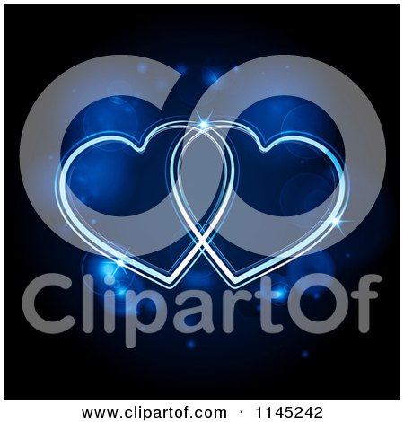 Clipart of Neon Blue Hearts Glowing over Flares - Royalty Free Vector Illustration by elaineitalia