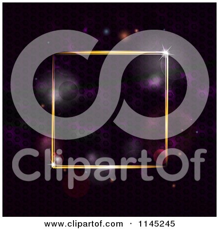 Clipart of a Gold Neon Square Frame over Purple Flares - Royalty Free Vector Illustration by elaineitalia