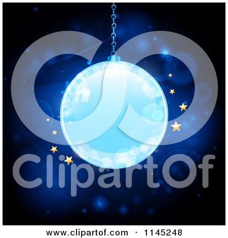 Clipart of a Glowing Blue Christmas Bauble with Golden Stars and Flares - Royalty Free Vector Illustration by elaineitalia