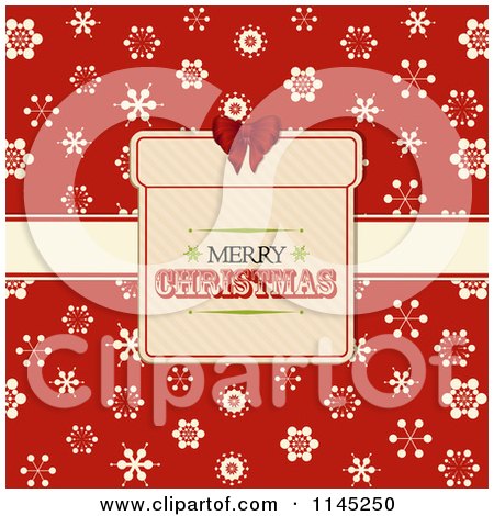 Clipart of a Retro Merry Christmas Gift Label over Red Snowflakes - Royalty Free Vector Illustration by elaineitalia