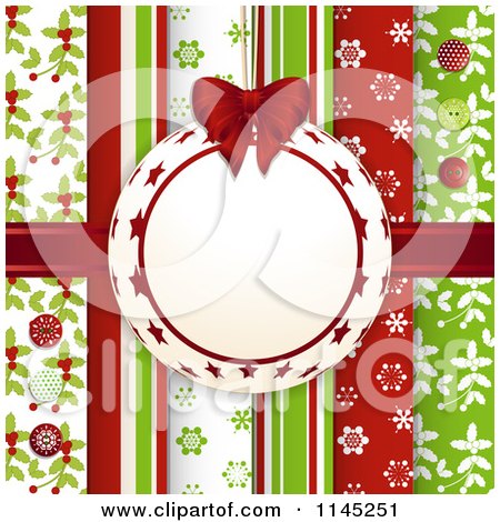 Clipart of a Bauble Frame over Christmas Scrapbook Papers with Buttons - Royalty Free Vector Illustration by elaineitalia