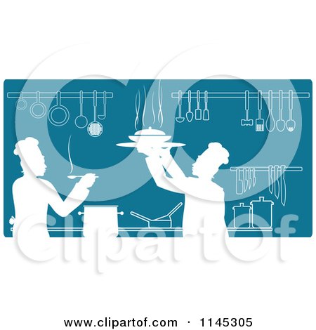 Clipart of Teal and White Silhouetted Chefs Working in a Kitchen - Royalty Free Vector Illustration by Vector Tradition SM