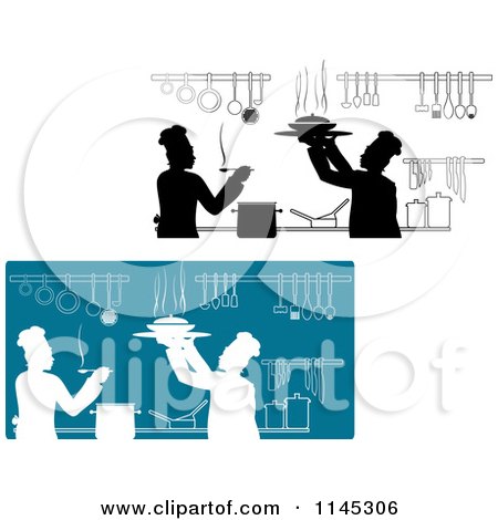 Clipart of Silhouetted Chefs Working in a Kitchen - Royalty Free Vector Illustration by Vector Tradition SM