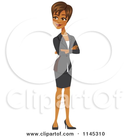 1145310 Cartoon Of A Happy Black Or Indian Businesswoman With Folded Arms Royalty Free Vector Clipart
