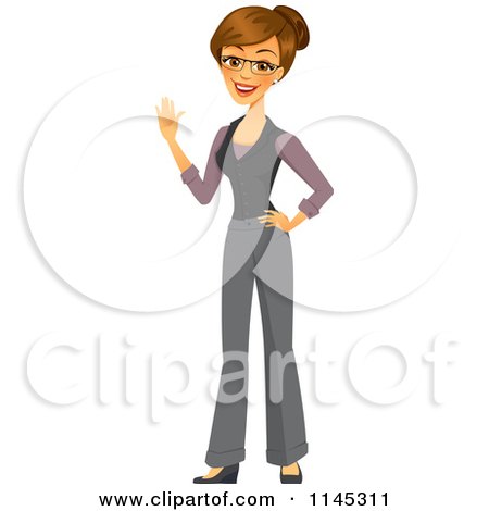 Cartoon of a Happy Brunette Businesswoman Waving - Royalty Free Vector Clipart by Amanda Kate