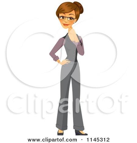 Cartoon of a Happy Brunette Businesswoman Thinking - Royalty Free Vector Clipart by Amanda Kate