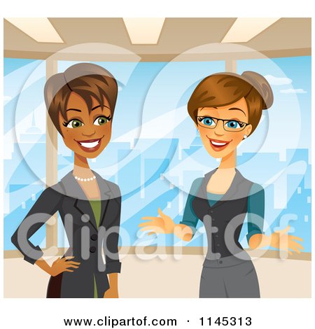 Cartoon of Happy Businesswomen Talking in an Office - Royalty Free Vector Clipart by Amanda Kate