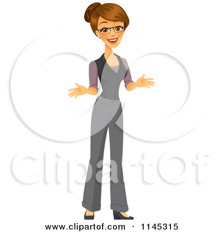 Cartoon of a Happy Brunette Businesswoman Gesturing and Talking - Royalty Free Vector Clipart by Amanda Kate