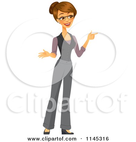 Cartoon of a Happy Brunette Businesswoman Pointing - Royalty Free Vector Clipart by Amanda Kate