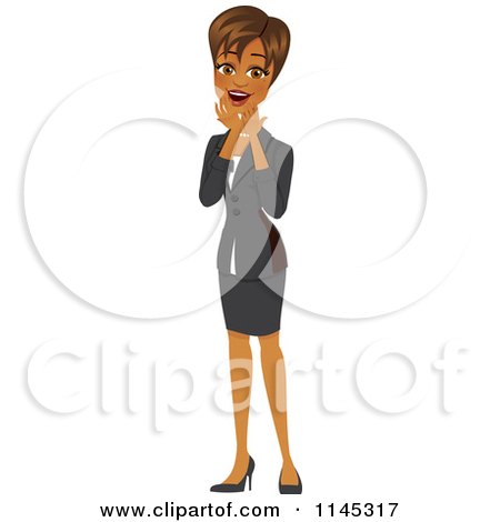 Cartoon of a Surprised Happy Black or Indian Businesswoman - Royalty Free Vector Clipart by Amanda Kate