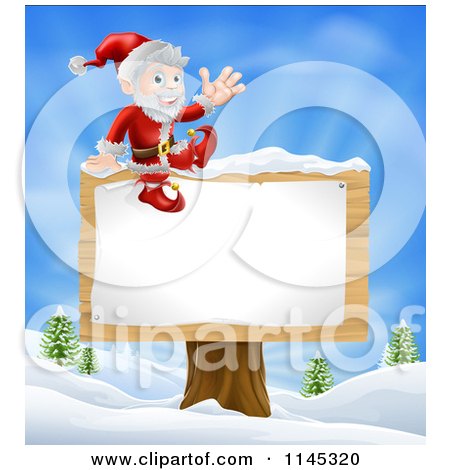 Cartoon of Santa Waving and Sitting on a Winter Sign Post - Royalty Free Vector Clipart by AtStockIllustration