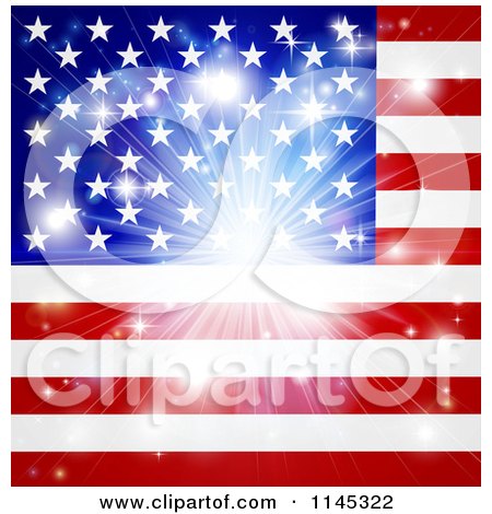Clipart of a Bright Burst over an American Flag - Royalty Free Vector Illustration by AtStockIllustration