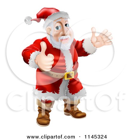Cartoon of Santa Waving and Holding a Thumb up - Royalty Free Vector Clipart by AtStockIllustration