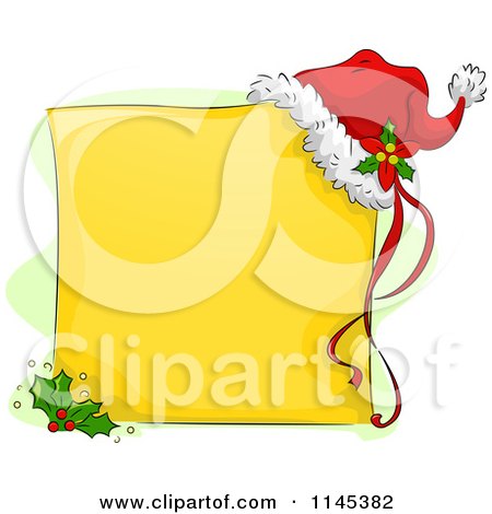 Cartoon of a Yellow Christmas Sign with Holly and a Santa Hat with Poinsettia - Royalty Free Vector Clipart by BNP Design Studio