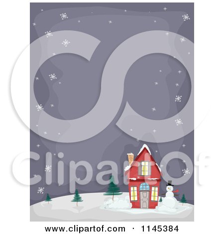 Cartoon of a Snowman by a Christmas House with Night Copyspace - Royalty Free Vector Clipart by BNP Design Studio