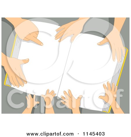 Cartoon of a Book with Hands of a Caucasian Family - Royalty Free Vector Clipart by BNP Design Studio