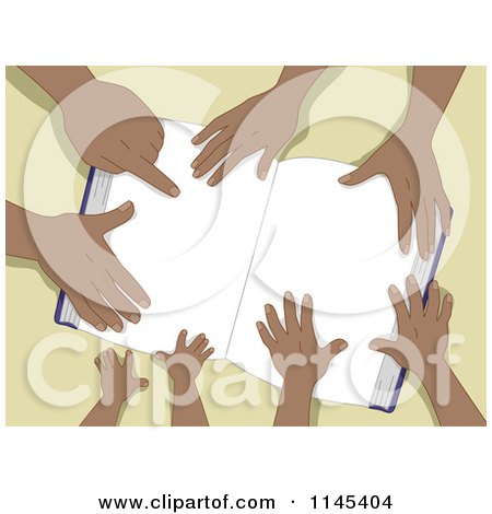 Cartoon of a Book with Hands of a Black Family - Royalty Free Vector Clipart by BNP Design Studio