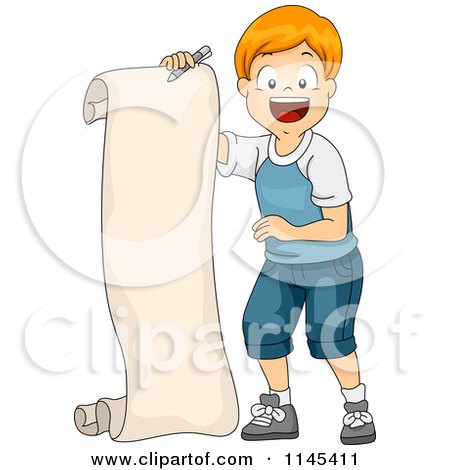 Cartoon of a Happy Red Haired Boy Holding a Long List - Royalty Free Vector Clipart by BNP Design Studio