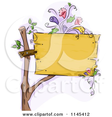 Cartoon of a Blank Wooden Sign with Flowers - Royalty Free Vector Clipart by BNP Design Studio