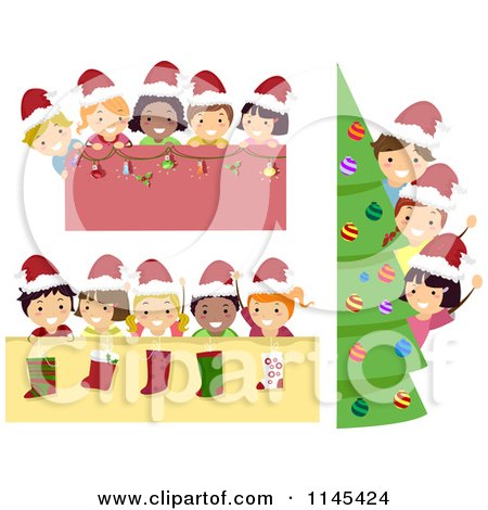 Cartoon of Happy Christmas Children with Borders - Royalty Free Vector Clipart by BNP Design Studio