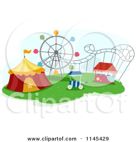 Cartoon of a Circus Tent and Roller Coaster in a Theme Park - Royalty Free Vector Clipart by BNP Design Studio
