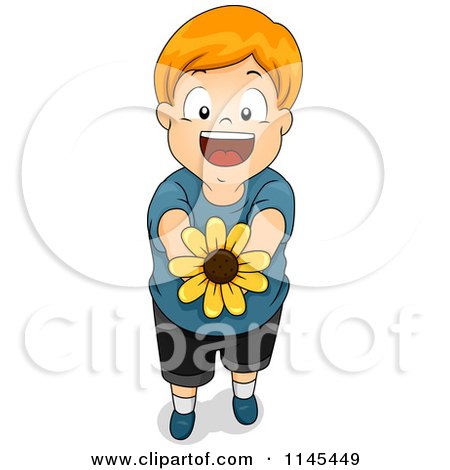 Cartoon of a Happy Red Haired Boy Holding out a Flower - Royalty Free Vector Clipart by BNP Design Studio