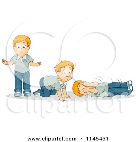 Cartoon of a Red Haired Boy Doing a Stop Drop and Roll Safety Exercise - Royalty Free Vector Clipart by BNP Design Studio