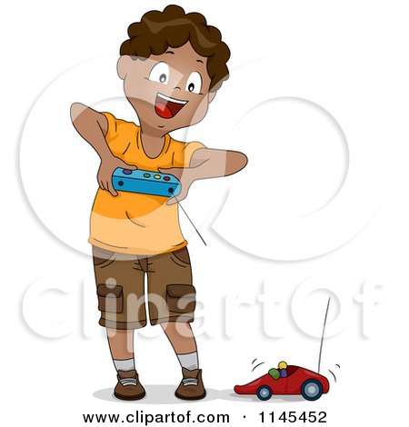 Cartoon of a Happy Black Boy Playing with a Remote Controlled Toy Car - Royalty Free Vector Clipart by BNP Design Studio