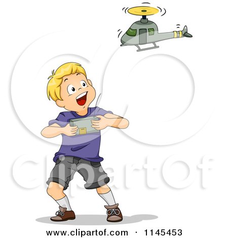 Cartoon of a Blond Boy Playing with a Remote Controlled Helicopter - Royalty Free Vector Clipart by BNP Design Studio