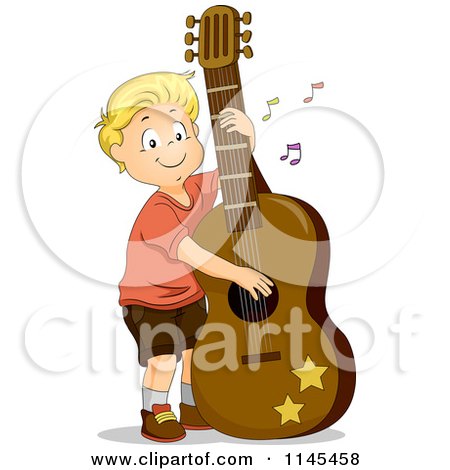 Cartoon of a Blond Boy Playing a Giant Guitar - Royalty Free Vector Clipart by BNP Design Studio