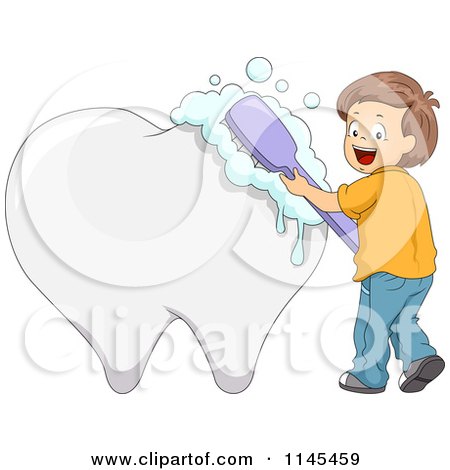 Cartoon of a Happy Brunette Boy Brushing a Giant Tooth - Royalty Free Vector Clipart by BNP Design Studio