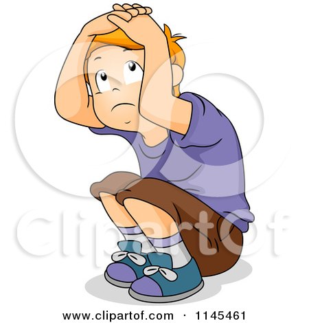 Cartoon of a Scared Boy Crouching and Covering His Head - Royalty Free Vector Clipart by BNP Design Studio