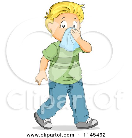 Cartoon of a Sick Blond Boy Blowing His Nose - Royalty Free Vector Clipart by BNP Design Studio