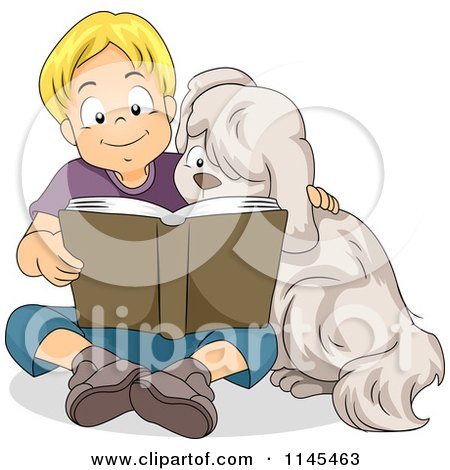 Cartoon of a Blond Boy Reading a Book to His Dog - Royalty Free Vector Clipart by BNP Design Studio