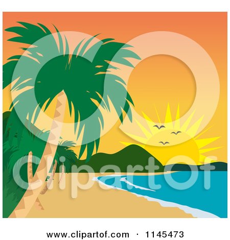 Clipart of a Tropical Beach Coastline at Sunset - Royalty Free Vector Illustration by Rosie Piter
