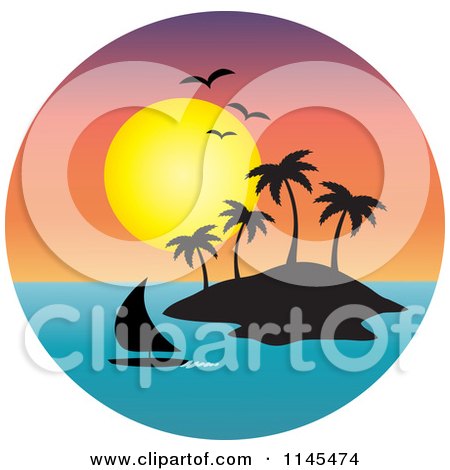 Clipart of a Circle Scene of Gulls and a Sunset over a Sailboat Silhouetted Tropical Island - Royalty Free Vector Illustration by Rosie Piter