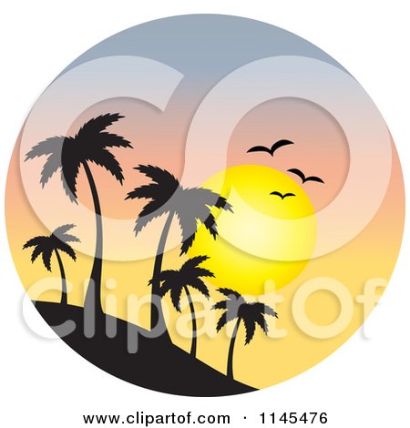 Clipart of a Circle Scene of Gulls and a Sunset over Silhouetted Island Palm Trees - Royalty Free Vector Illustration by Rosie Piter