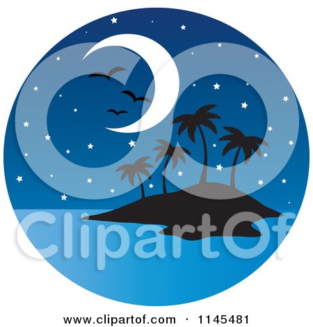 Clipart of a Circle Scene of Gulls and a Moon over a Silhouetted Tropical Island - Royalty Free Vector Illustration by Rosie Piter
