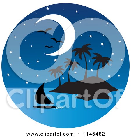 Clipart of a Circle Scene of Gulls and a Moon over a Sailboat and Silhouetted Tropical Island - Royalty Free Vector Illustration by Rosie Piter