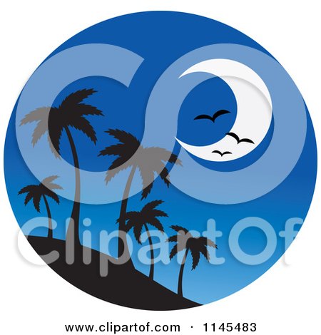 Clipart of a Circle Scene of Gulls and a Moon over Silhouetted Island Palm Trees - Royalty Free Vector Illustration by Rosie Piter