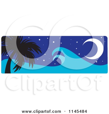 Clipart of a Hawaian Moon with Palm Trees and a Tsunami Wave Night - Royalty Free Vector Illustration by Rosie Piter