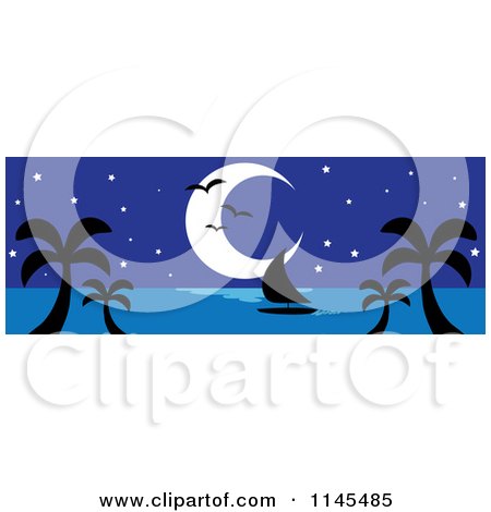 Clipart of a Hawaian Moon with Palm Trees a Sailboat and Seagulls at Night - Royalty Free Vector Illustration by Rosie Piter