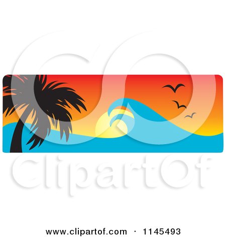 Clipart of a Hawaian Ocean Sunset Website Banner with Palm Trees Gulls and Waves 2 - Royalty Free Vector Illustration by Rosie Piter