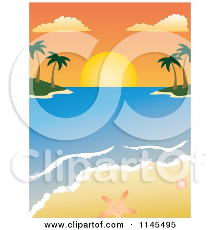 Clipart of a Tropical Beach Sunset in the Bay with Seashells - Royalty Free Vector Illustration by Rosie Piter