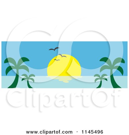 Clipart of a Hawaian Ocean Sunset Website Banner with Palm Trees and Seagulls - Royalty Free Vector Illustration by Rosie Piter